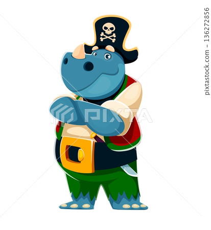 Cartoon rhino animal pirate captain character in tricorn hat. Vector strong corsair crosses his arms proudly, pose conveys pride and strength. Cute rhino in green pants for kids pirate party Cartoon rhino animal pirate captain character in tricorn hat. Vector strong corsair crosses his arms proudly, pose conveys pride and strength. Cute rhino in green pants for kids pirate party 136272856