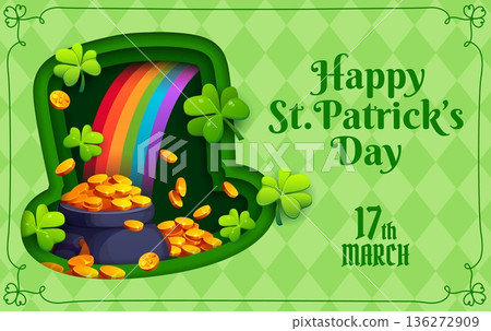 Paper cut happy St Patrick day greeting card with leprechaun hat shape, pot of gold, clovers and rainbow inside. Vector 3d holiday banner for celebrating Festive Irish traditions on March 17 Paper cut happy St Patrick day greeting card with leprechaun hat shape, pot of gold, clovers and rainbow inside. Vector 3d holiday banner for celebrating Festive Irish traditions on March 17 136272909