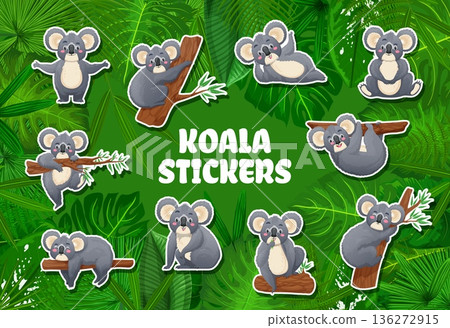 Cartoon funny cute koala bear characters stickers. Playful vector koala personages sleeping, hanging on a branch, sitting, and eating. Adorable Australian animal stickers for children's projects 136272915