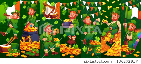 Cheerful leprechaun characters on st patricks day holiday collage. Saint Patrick holiday cartoon vector background or collage with leprechaun funny character, pot of golden coins, shamrock clovers 136272917