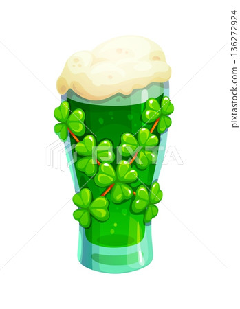 St Patrick day glass of green frothy beer decorated with shamrocks, symbol of celebrations, Irish culture and festive traditions. Cartoon vector glass filled with ale drink for parades and parties 136272924