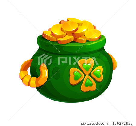 St Patrick day green cauldron overflowing with gold coins. Cartoon Irish charms symbolizing luck, treasure and fortune. Vector leprechaun pot with golden handles and decorated with four leaf shamrock 136272935