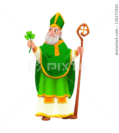 Cartoon Saint Patrick Character. Vector patron Saint of Ireland, dressed in traditional green and gold robes, holding a bishops staff and trefoil shamrock leaf. Legendary Irish Christianity personage 136272950