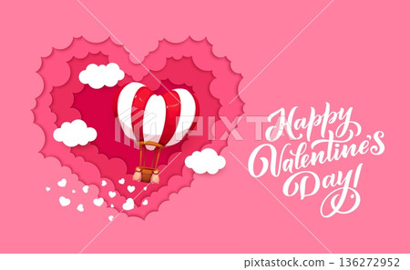 Paper cut valentine day banner with hot air balloon, hearts and pink sky clouds. Romantic vector message with balloon floating through pink and white fluffy clouds within 3d layered heart shaped frame Paper cut valentine day banner with hot air balloon, hearts and pink sky clouds. Romantic vector message with balloon floating through pink and white fluffy clouds within 3d layered heart shaped frame 136272952