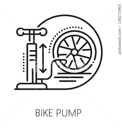 Bicycle wheel pump service line icon or symbol. Bike maintenance technical service linear sign, repair workshop vector icon. Bicycle equipment store or shop pictogram with hand air pump and bike wheel Bicycle wheel pump service line icon or symbol. Bike maintenance technical service linear sign, repair workshop vector icon. Bicycle equipment store or shop pictogram with hand air pump and bike wheel 136272963