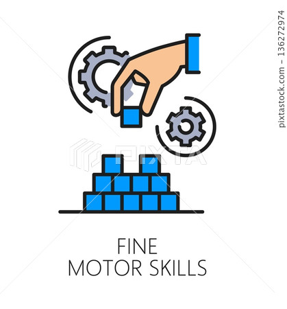 Kids motor skill cognitive ability color line icon or label. Brain function development outline vector symbol, motor skill cognitive ability pictogram or sign with human hand laying bricks in pyramid 136272974