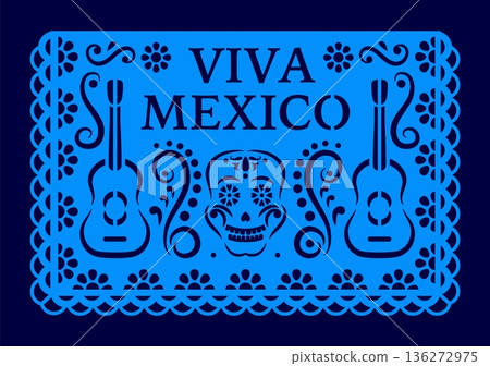 Mexican paper cut papel picado flag with Viva Mexico and calavera skull, vector banner. Mexican holiday fiesta party papel picado flag with blue paper cut guitars and flowers ornament of Day of Dead 136272975