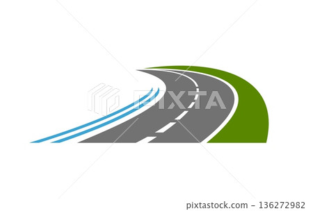 Highway road or asphalt route icon of pathway or driveway, vector travel and transport symbol. Road icon of highway asphalt with traffic lane for logistics delivery or transportation corporate badge Highway road or asphalt route icon of pathway or driveway, vector travel and transport symbol. Road icon of highway asphalt with traffic lane for logistics delivery or transportation corporate badge 136272982