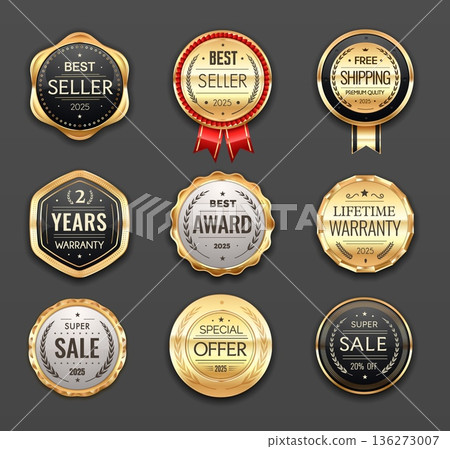 Golden award seals, best seller badges and labels, special offer medal and super sale marks with laurel wreaths or ribbons. Premium vector badges for highlighting best sellers and luxury products Golden award seals, best seller badges and labels, special offer medal and super sale marks with laurel wreaths or ribbons. Premium vector badges for highlighting best sellers and luxury products 136273007