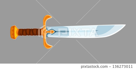 Pirate cold steel arm weapon. Cartoon pirate dagger with gold handle and sharp blade. Vector weapon clipart for children games, kids books, costume accessories or nautical game design Pirate cold steel arm weapon. Cartoon pirate dagger with gold handle and sharp blade. Vector weapon clipart for children games, kids books, costume accessories or nautical game design 136273011