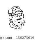 A simple line drawing of a person wearing glasses and a hat 136273019