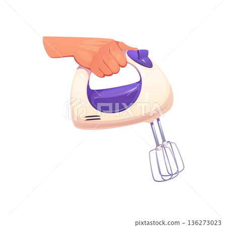 Cartoon cooking process showing hand holding electric mixer with metal beaters. Kitchen appliance for mixing batter or cream during food, pastry, bakery and dessert preparation. Vector blender utensil Cartoon cooking process showing hand holding electric mixer with metal beaters. Kitchen appliance for mixing batter or cream during food, pastry, bakery and dessert preparation. Vector blender utensil 136273023