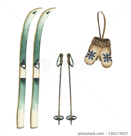 Watercolor illustration of skis, poles and pair of knitted mittens. Hand drawn watercolor illustration on white background. A set of green skis with poles for Active recreation during the holidays Watercolor illustration of skis, poles and pair of knitted mittens. Hand drawn watercolor illustration on white background. A set of green skis with poles for Active recreation during the holidays 136273037