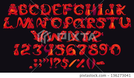 Red dragon font, cartoon kids reptile characters typeface, cute animal abc type, children english alphabet set. Vector typography fairytale font letters and numbers of funny red baby dragon characters Red dragon font, cartoon kids reptile characters typeface, cute animal abc type, children english alphabet set. Vector typography fairytale font letters and numbers of funny red baby dragon characters 136273041