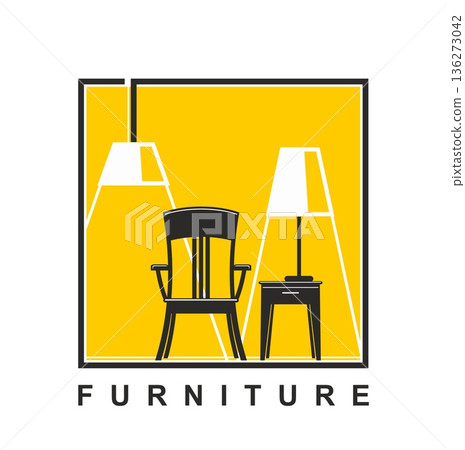 Home interior decor and furniture vector icon. Classic wooden chair, bedside table stands between pendant lamps inside a yellow rectangular frame. Interior design, furniture, home decor store icon Home interior decor and furniture vector icon. Classic wooden chair, bedside table stands between pendant lamps inside a yellow rectangular frame. Interior design, furniture, home decor store icon 136273042