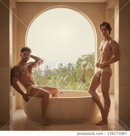 Luxury Valentine's Celebration with Two Attractive Men in Gold Beachwear at Sunset	 136273065