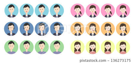 Icon set of facial expressions of men and women in suits Icon set of facial expressions of men and women in suits 136273175