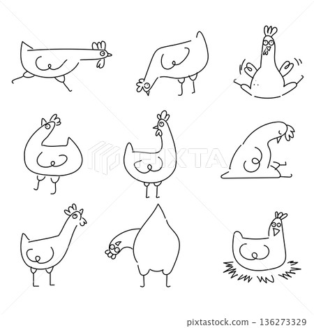A set of cute line art chicken, each in its own pose and mood. Doodle bird collection A set of cute line art chicken, each in its own pose and mood. Doodle bird collection 136273329