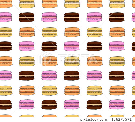 French macarons on white background Cafe seamless pattern. hand drawn illustration. Vector graphic line ink colored art. For poster, flyer, banner, invitation, social media, party or sale French macarons on white background Cafe seamless pattern. hand drawn illustration. Vector graphic line ink colored art. For poster, flyer, banner, invitation, social media, party or sale 136273571