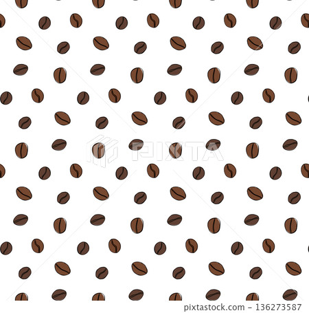 Vector coffee pattern with random beans. Cafe seamless pattern. hand drawn illustration. Vector graphic line ink colored art. coffee background. Coffee Beans Illustration for packaging. 136273587