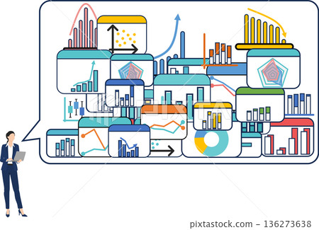 Illustration of a businesswoman analyzing data Illustration of a businesswoman analyzing data 136273638