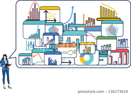Illustration of a businesswoman analyzing data 136273639