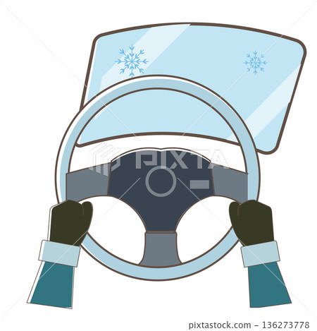 Illustration of a winter car interior with fogged up windows and a steering wheel 136273778