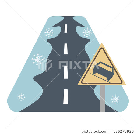 Frozen road. Car slipping on snow. Caution: Slip. Vector illustration Frozen road. Car slipping on snow. Caution: Slip. Vector illustration 136273926