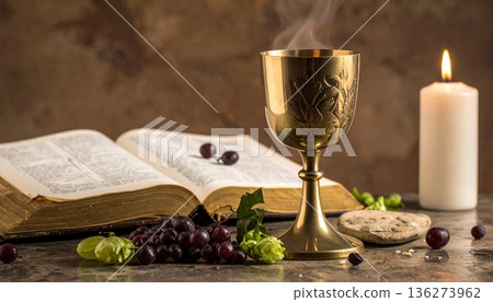 教堂的燈光照亮了一隻禮儀用的聖杯。 136273962