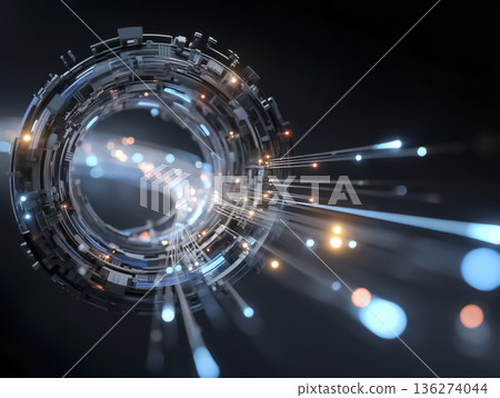 未來主義風格的CG影像，展示了一個資料流動的虛擬隧道空間。 136274044