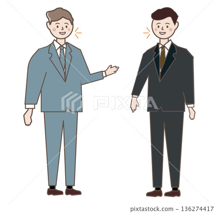 描繪兩位面帶微笑的男上班族交談交流的插圖。描繪兩位商人會面洽談的插圖。 136274417