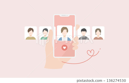 一幅向量插圖，描繪了一位女性透過智慧型手機配對應用程式尋找靈魂伴侶的場景。約會、尋找伴侶、浪漫愛情。 136274530