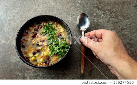 Red bean soup with potatoes, tomatoes, paprika, carrot, and bacon. Red bean soup with potatoes, tomatoes, paprika, carrot, and bacon. 136274536