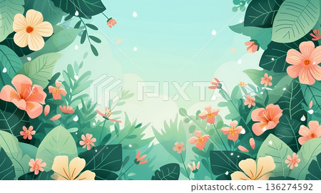 柔和的扁平背景插畫,周圍環繞著春天的花朵和綠色植物。 柔和的扁平背景插畫,周圍環繞著春天的花朵和綠色植物。 136274592