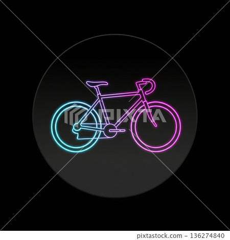 Glowing neon bicycle icon with pink and blue light lines on dark circular background 136274840