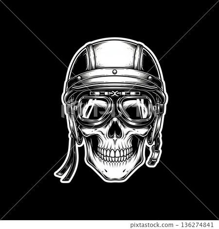 Biker skull wearing vintage motorcycle helmet and goggles in black and white sticker style 136274841