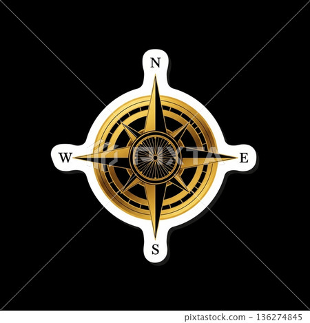 Vintage golden compass rose symbol sticker for travel and navigation design on black background 136274845