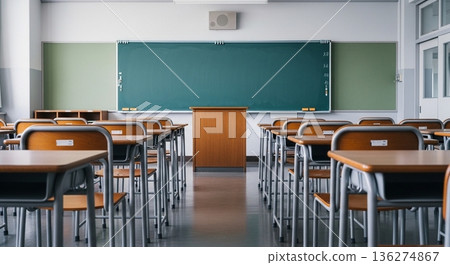 Quiet school classroom and aligned desks before class 136274867