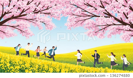 Spring illustration of people running through a landscape of cherry blossoms and rape blossoms 136274880
