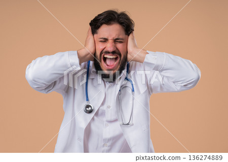 Angry Stressed Doctor Man Shouting, Yelling. Expressive Face In Frustration,Rage Angry Stressed Doctor Man Shouting, Yelling. Expressive Face In Frustration,Rage 136274889