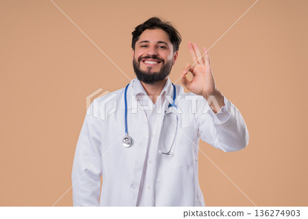 Positive Doctor Man With Ok, Okay Hand Sign Gesture. Happy Medical, Physician Positive Doctor Man With Ok, Okay Hand Sign Gesture. Happy Medical, Physician 136274903
