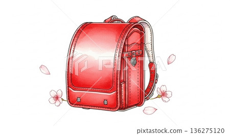 一幅描繪春天的插畫,紅色書包點綴著櫻花。 一幅描繪春天的插畫,紅色書包點綴著櫻花。 136275120