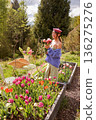 Woman holding tulip bouquet in mountain garden 136275276