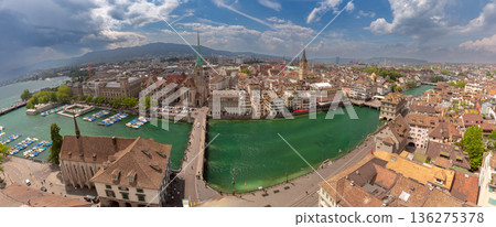 Panoramic Aerial View of Zurich Old Town and Limmat River Panoramic Aerial View of Zurich Old Town and Limmat River 136275378