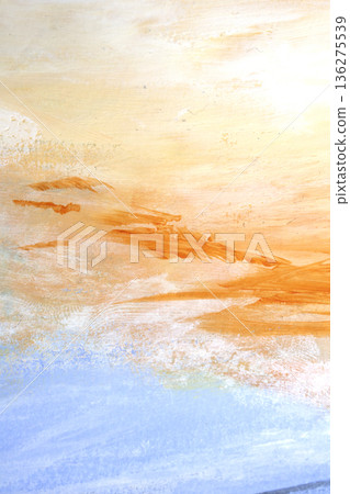 Thick abstract acrylic oil paint lines and orange blue sky or sea background 136275539