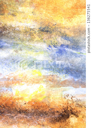Thick abstract acrylic oil paint lines and orange blue sky or sea background Thick abstract acrylic oil paint lines and orange blue sky or sea background 136275541