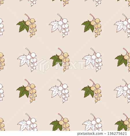 White Currant Seamless Pattern. Mixed Botanical Garden Background with Color and Line Art Branches, Berries and Leaves. Repeatable Fruit Template. Vector Square illustration White Currant Seamless Pattern. Mixed Botanical Garden Background with Color and Line Art Branches, Berries and Leaves. Repeatable Fruit Template. Vector Square illustration 136275621
