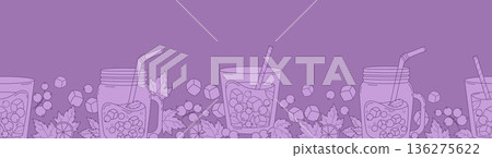 Outline Blackcurrant Drink Seamless Border. Refreshing Lemonade in mason jar, Cocktail with Ice Cubes, Berries, Mint and Straw on Purple Background. Line drawing, Vector Horizontal Illustration 136275622