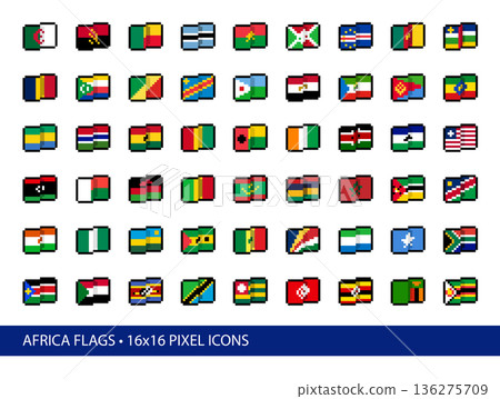 Africa Flags Pixel Art Icons 16x16. Vector Set of 50+ stylized, simplified, abstract pixel interpretations of flag designs in common use as of 2026. 136275709