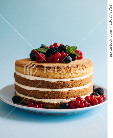 Gourmet Layer Cake with Fresh Berries. Stylish Cake. Fruit Topped Layer Cake. AI Generated. 136275752